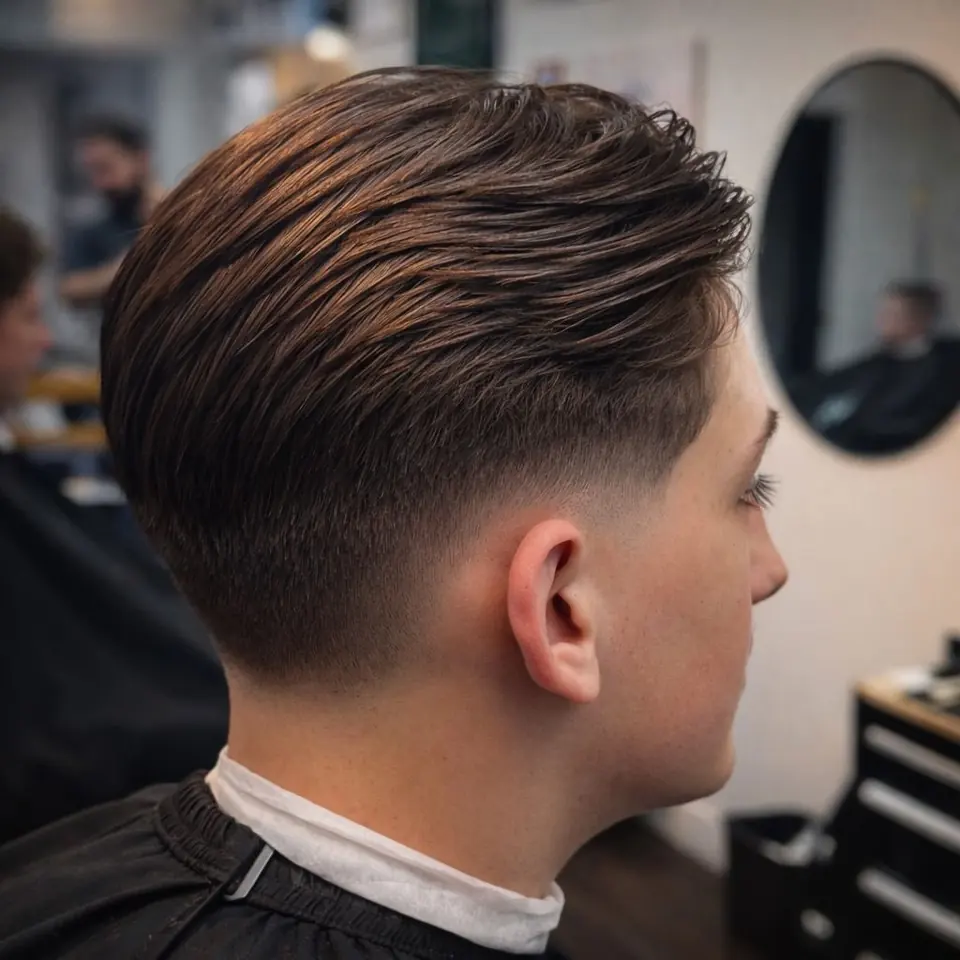 The same low fade from behind, blended into a clean neckline